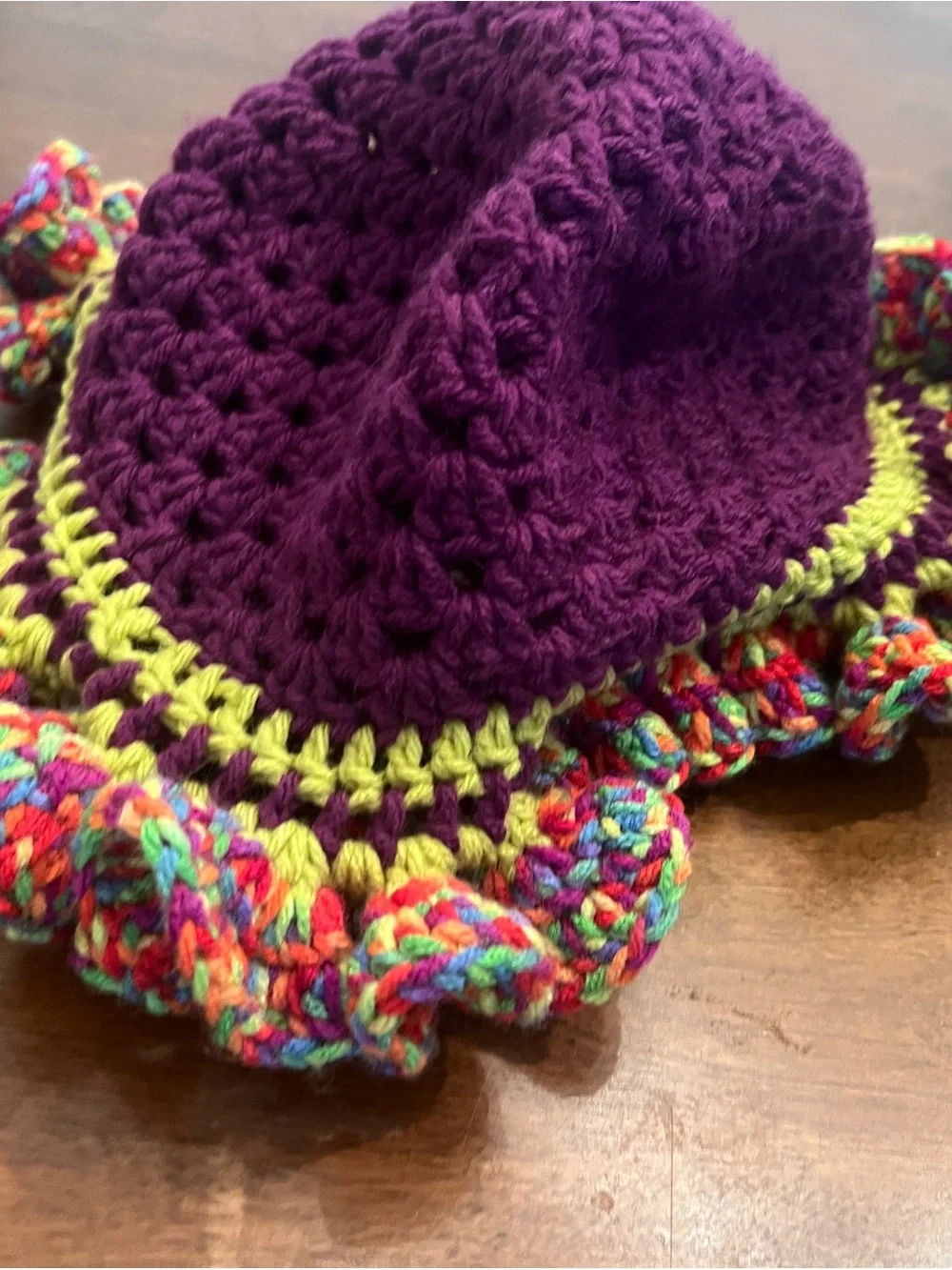 Crocheted Purple Sun Hat with Multicolor Ruffle Trim